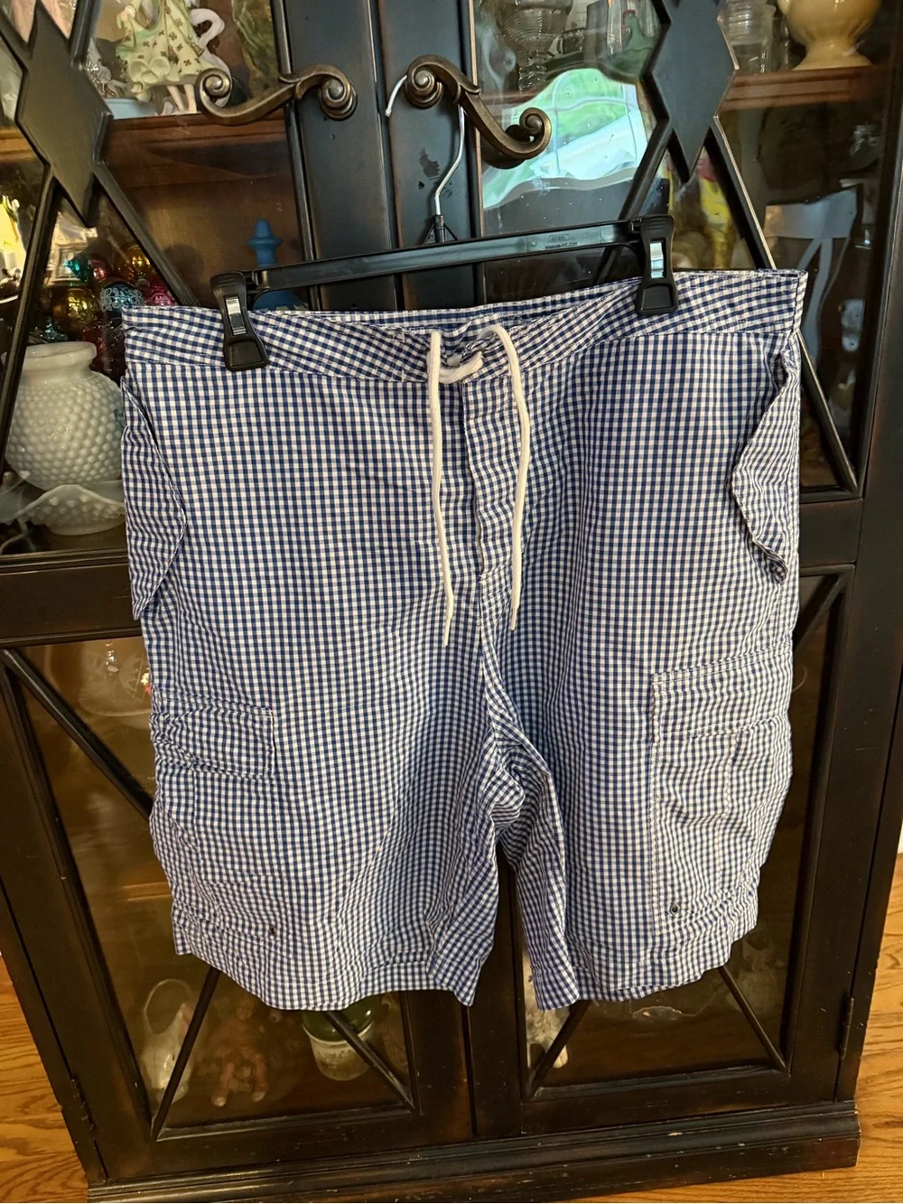 Polo by Ralph Lauren Blue and White Gingham Cargo Swim Trunks
